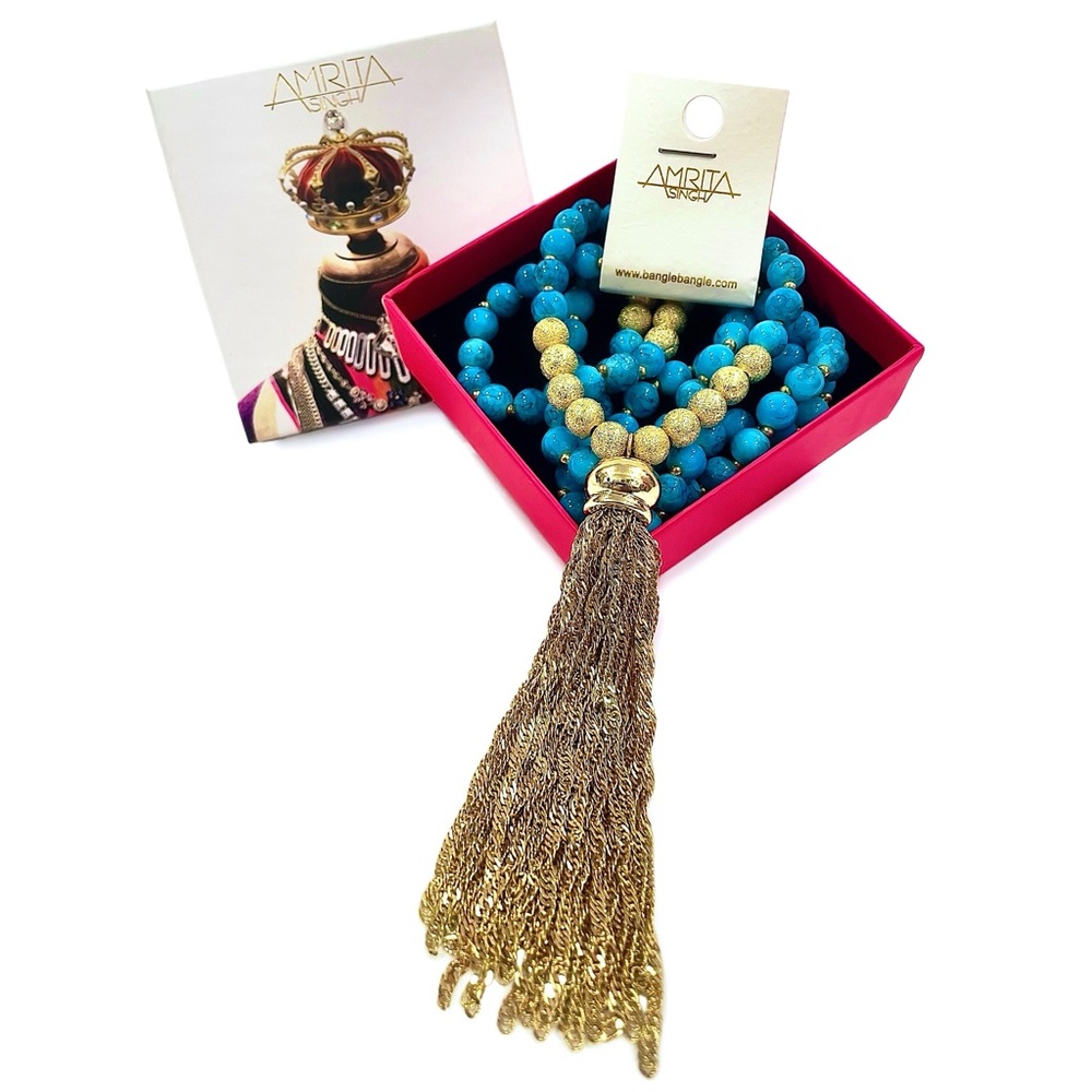 AMRITA SINGH Feroza Glass Beads Faux Turquoise Tassel Long Necklace Gift Box NWT - Picture 8 of 9